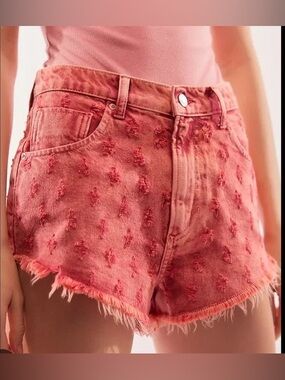 Free People | Mixed Emotions High-Rise Distressed Frayed Denim Shorts in Coral